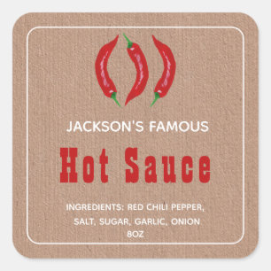 Zelfgemaakte Hot Sauce   Chili Saus in Kraftpapier Vierkante Sticker