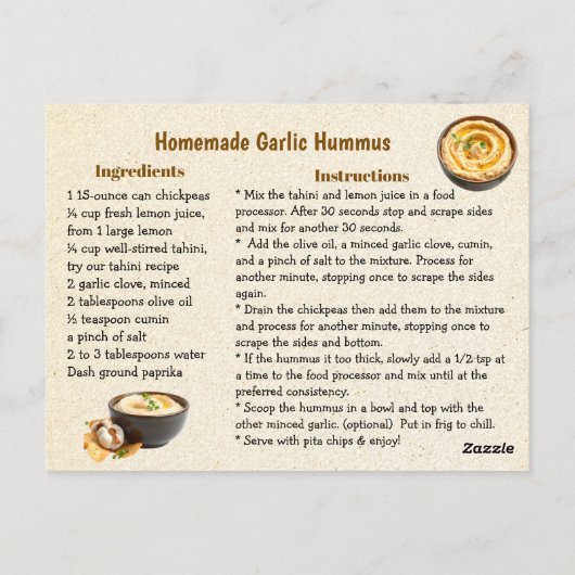 Zelfgemaakte knoflook Hummus Recept Kaart (Achterkant)