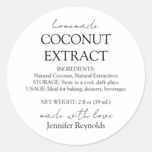 Zelfgemaakte kokosnoot extract fles instructies ronde sticker (Voorkant)