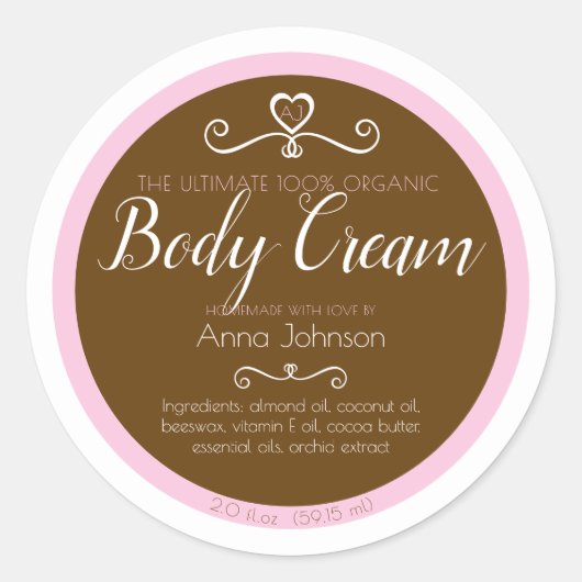 Zelfgemaakte lichaamscrème ingrediënten roze bruin ronde sticker (Voorkant)