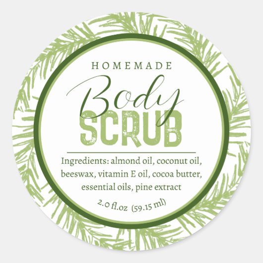 Zelfgemaakte lichaamsscrub ingrediënten groene bot ronde sticker (Voorkant)