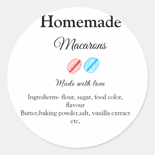 Zelfgemaakte macarons voeg ingrediënten toe gemaak ronde sticker (Voorkant)