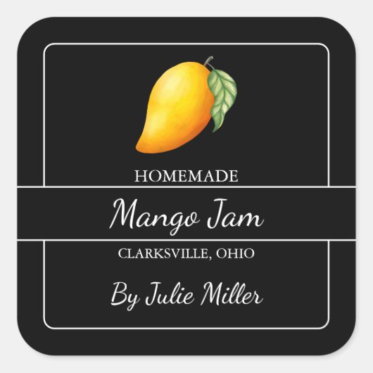 Zelfgemaakte Mango Jam Square Label Zwart (Voorkant)
