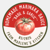 Zelfgemaakte marinara saus met basilicum en knoflo ronde sticker (Voorkant)