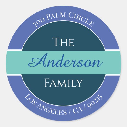 Zelfgemaakte naam retouradres sticker, Blauw, Turq Ronde Sticker (Voorkant)