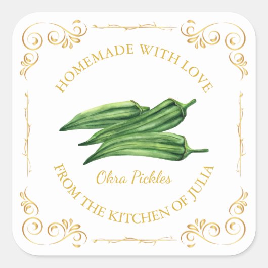 zelfgemaakte Okra Pickle Square Label (Voorkant)