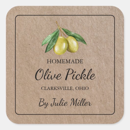 Zelfgemaakte Olive Pickle Square Kraft Label (Voorkant)