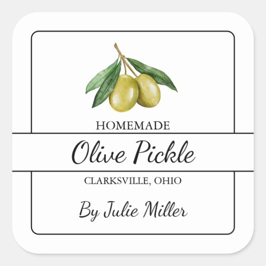 Zelfgemaakte Olive Pickle Square Label (Voorkant)