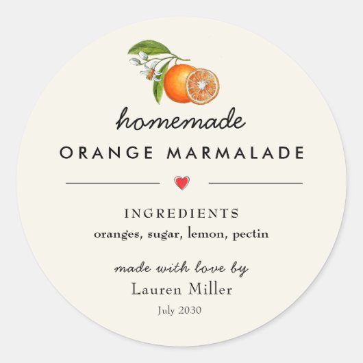 Zelfgemaakte oranje marmelade moderne pot ronde sticker (Voorkant)