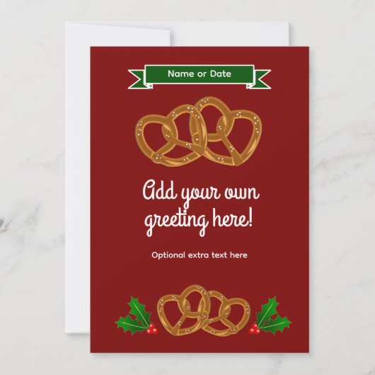 Zelfgemaakte pretzels in rood en groen - eigen tek feestdagenkaart (Voorkant)