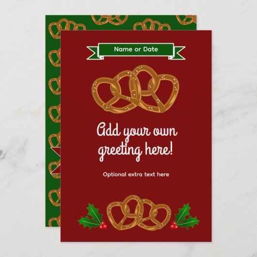 Zelfgemaakte pretzels in rood en groen - eigen tek feestdagenkaart (Voorkant / Achterkant)