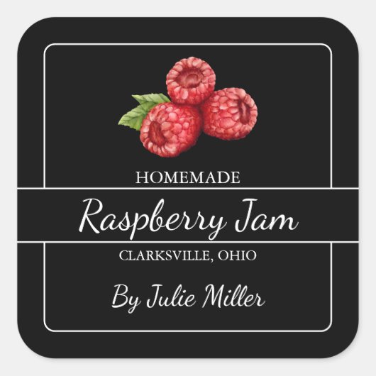 Zelfgemaakte Raspberry Jam Square Label Zwart (Voorkant)
