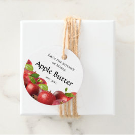 Zelfgemaakte rode appelboter spread inblikken 2 in bedankjes labels