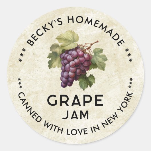 Zelfgemaakte rode druivenjam potdeksel met vintage ronde sticker (Voorkant)