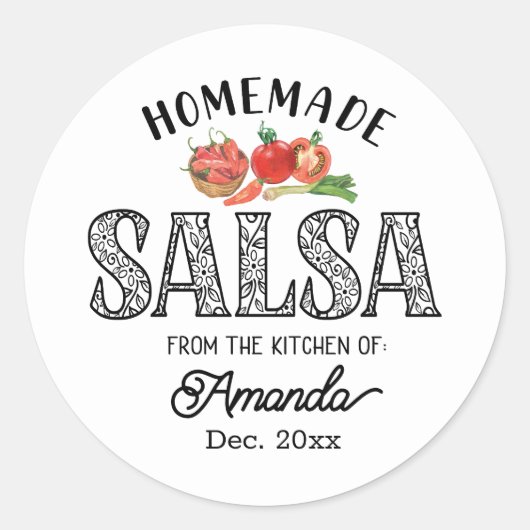 Zelfgemaakte Salsa Uit de Keuken van Naam Potdekse Ronde Sticker (Voorkant)
