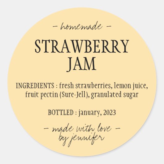 Zelfgemaakte Strawberry Jam Ingrediënten geel Ronde Sticker (Voorkant)