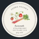 Zelfgemaakte Strawberry Rhubarb Jam Jar Ronde Sticker<br><div class="desc">Elegante eenvoudige handgeschilderde waterverf  stijl aardbei rabarber jam label op off witte achtergrond. Gebruik voor uw zelfgemaakte jam of alles wat je kiest. Maakt een geweldig cadeau. Vul uw informatie op het etiket en geniet ervan.</div>