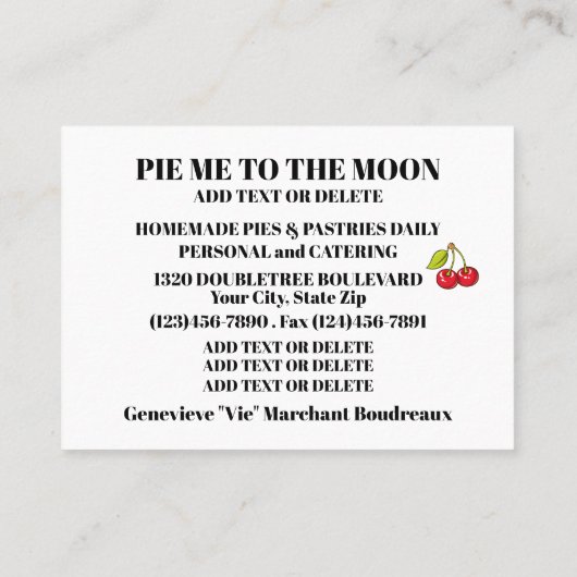 Zelfgemaakte taarten, gebak, bakkerij visitekaartje (Achterkant)