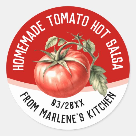 Zelfgemaakte tomaat hete salsa met rode tomaat ronde sticker (Voorkant)