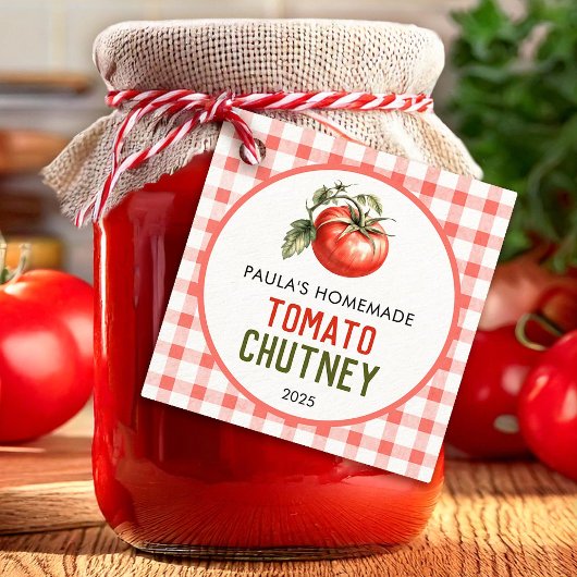 Zelfgemaakte Tomatechutney met geruit patroon Bedankjes Labels