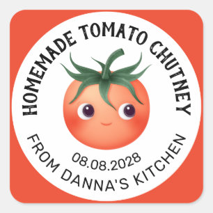 Zelfgemaakte tomatenchutney label met baby tomaat