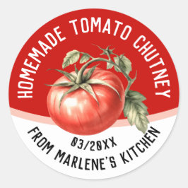 Zelfgemaakte tomatenchutney met rode tomaat ronde sticker