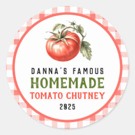 Zelfgemaakte tomatenchutney met rode tomatenboerde ronde sticker