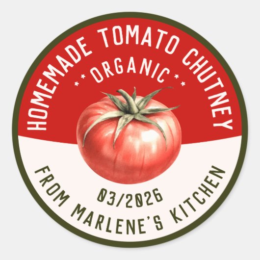 Zelfgemaakte tomatenchutney met twee kleuren ronde sticker (Voorkant)