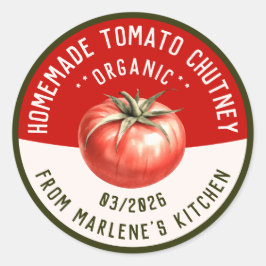 Zelfgemaakte tomatenchutney met twee kleuren ronde sticker