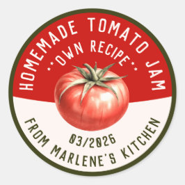 Zelfgemaakte tomatenjam met twee kleuren ronde sticker