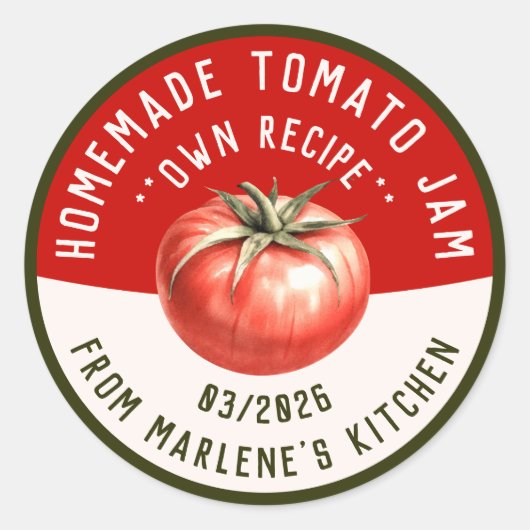 Zelfgemaakte tomatenjam met twee kleuren ronde sticker (Voorkant)