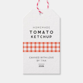 Zelfgemaakte tomatenketchup met geruit patroon cadeaulabel