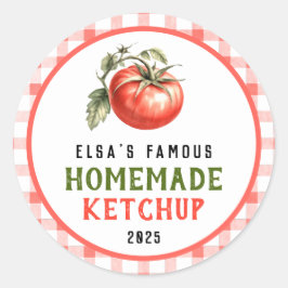 Zelfgemaakte tomatenketchup met rode tomatenfarm u ronde sticker