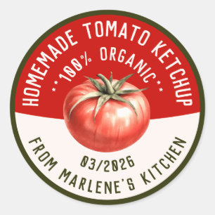 Zelfgemaakte tomatenketchup met twee kleuren ronde sticker