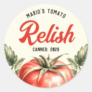 Zelfgemaakte tomatenrelish in vintage stijl inmake ronde sticker
