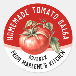 Zelfgemaakte tomatensalsa met rode tomaat ronde sticker