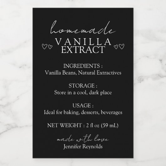 Zelfgemaakte Vanilla Extract Instructie zwart Voedselcontainer Etiket (Enkel label)