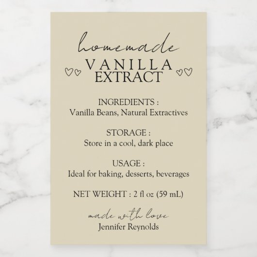 Zelfgemaakte vanille-extract instructie beige voedselcontainer etiket (Enkel label)