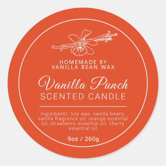 Zelfgemaakte vanille fruit punch kaars ingrediënte ronde sticker (Voorkant)