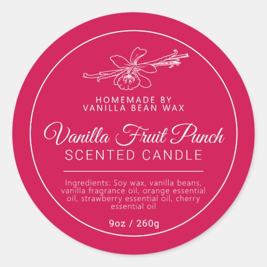 Zelfgemaakte vanille fruit punch kaars ingrediënte ronde sticker (Voorkant)