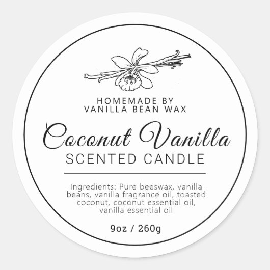 Zelfgemaakte vanille kokos kaars ingrediënten ronde sticker (Voorkant)