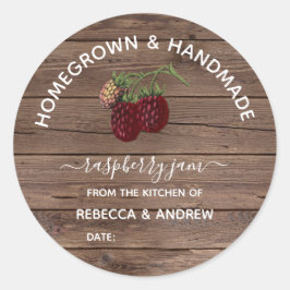 Zelfgeteelde & Handgemaakte Raspberry Jam Barnwood Ronde Sticker