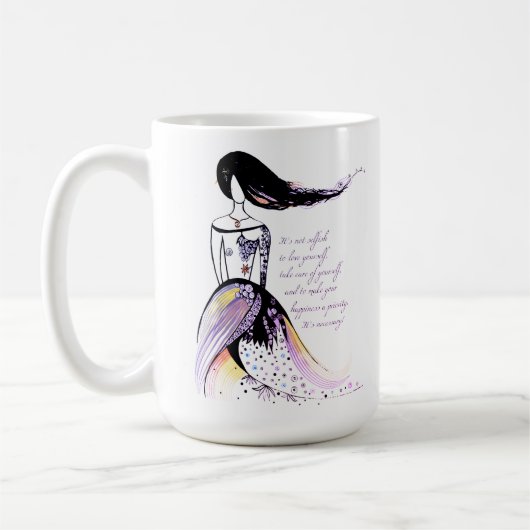 Zelfliefde inspirerend geïllustreerde dame citaat koffiemok (Links)