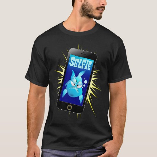 Zelfportret Grumpy Fish Cartoon op Smartphone T-shirt (Voorkant)