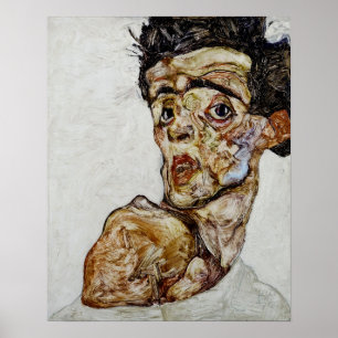 Zelfportret met kale schouder, door Schiele Poster