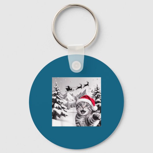 Zelfportret van kat met Kerstman  Sleutelhanger (Voorkant)