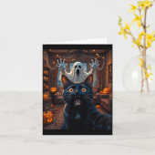 Zelfportret van kat met spook eng grappig Hallowee Kaart (Gele Bloem)