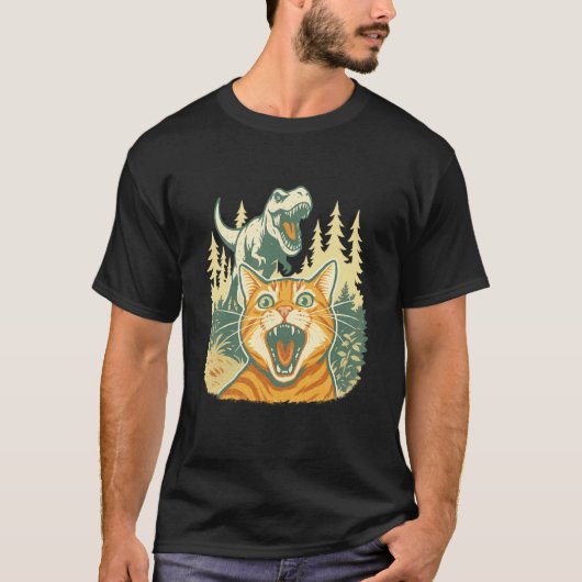 Zelfportret van kat met T Rex dinosaurus T-shirt (Voorkant)