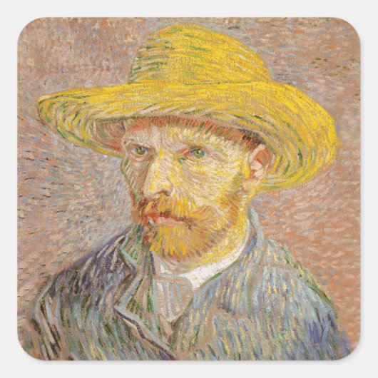Zelfportret van Vincent Van Gogh met strohoed Vierkante Sticker (Voorkant)
