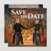 Zelfrijdende motorfietsen herfst bos bruiloft save the date (Voorkant / Achterkant)
